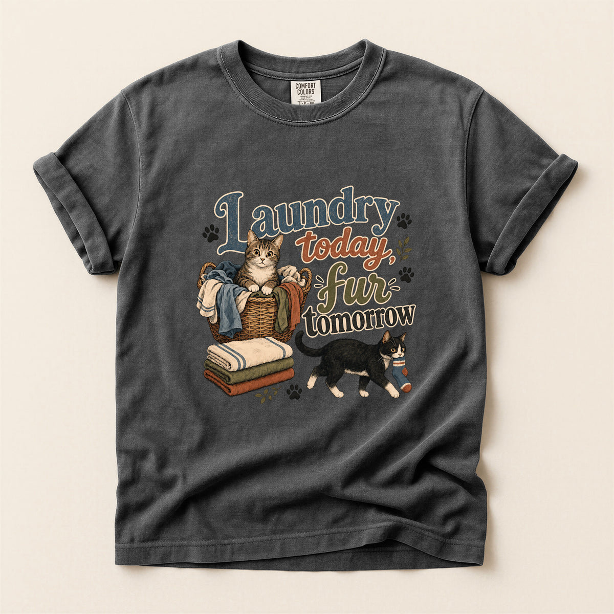 Laundry Today Fur Tomorrow graphic tee in Pepper, folded flat lay