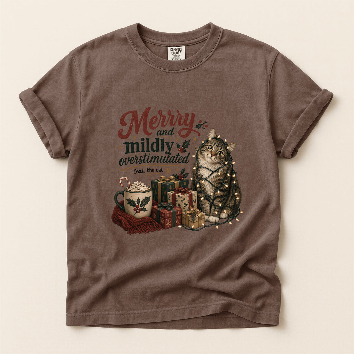 Merry and Mildly Overstimulated graphic tee in Espresso, folded flat lay