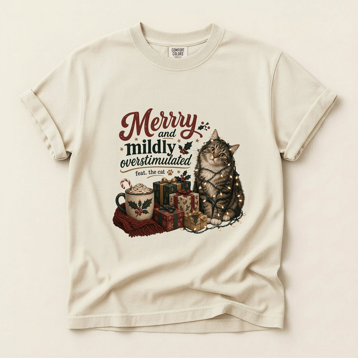 Merry and Mildly Overstimulated graphic tee in Ivory, folded flat lay