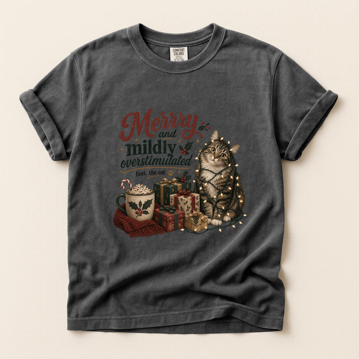Merry and Mildly Overstimulated graphic tee in Pepper, folded flat lay