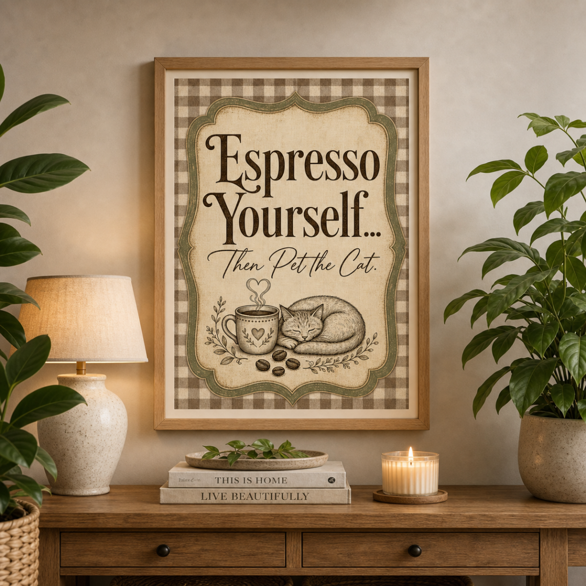 Espresso Yourself Then Pet the Cat wall art print framed on an entryway console table, lifestyle shot