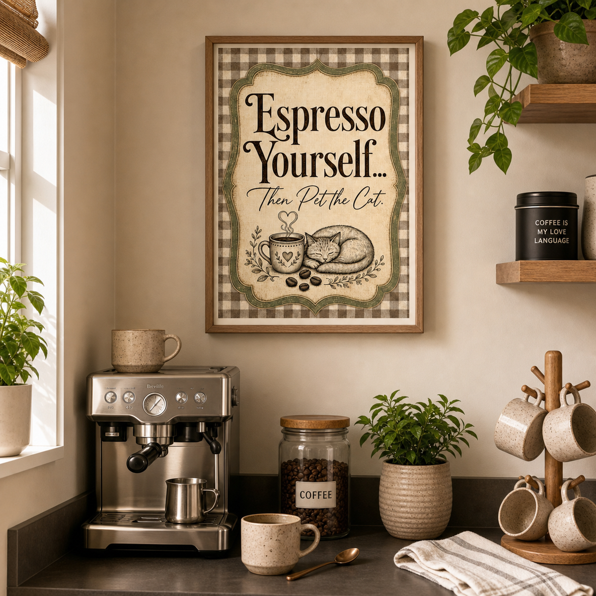 Espresso Yourself Then Pet the Cat wall art print framed above a kitchen coffee corner, lifestyle shot