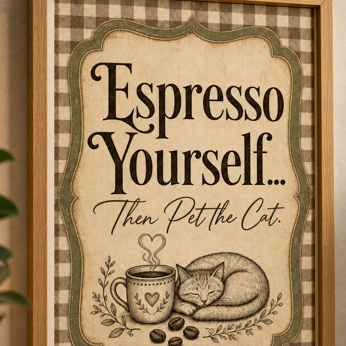 Espresso Yourself Then Pet the Cat wall art print, close-up of print detail in frame corner