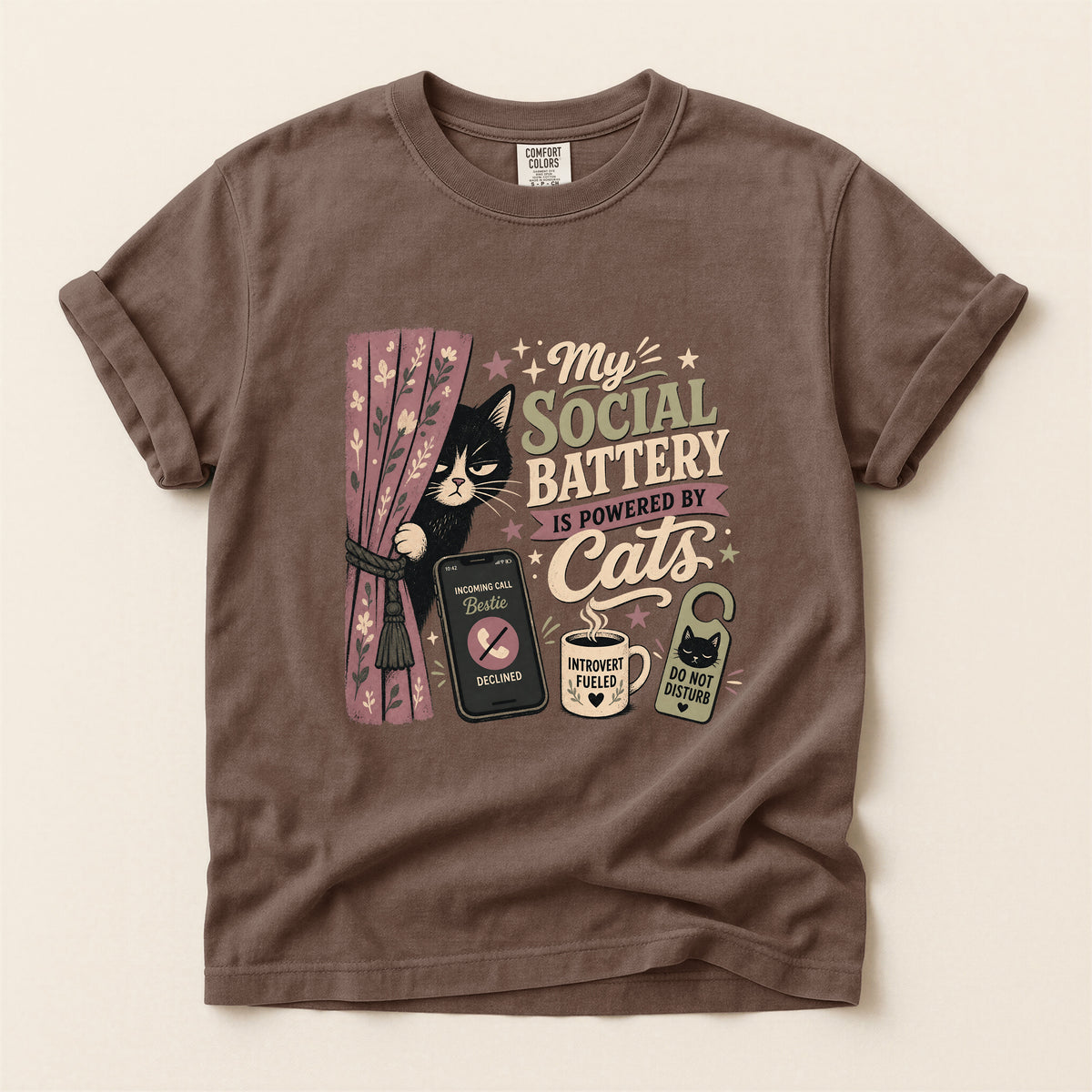 My Social Battery Is Powered By Cats graphic tee in Espresso, folded flat lay