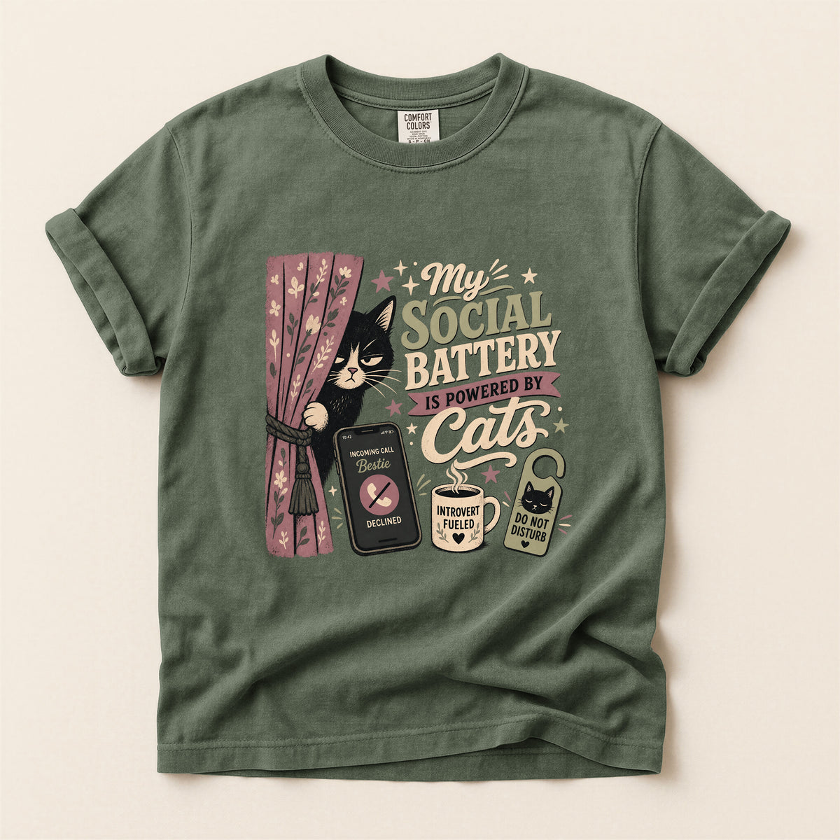 My Social Battery Is Powered By Cats graphic tee in Moss, folded flat lay