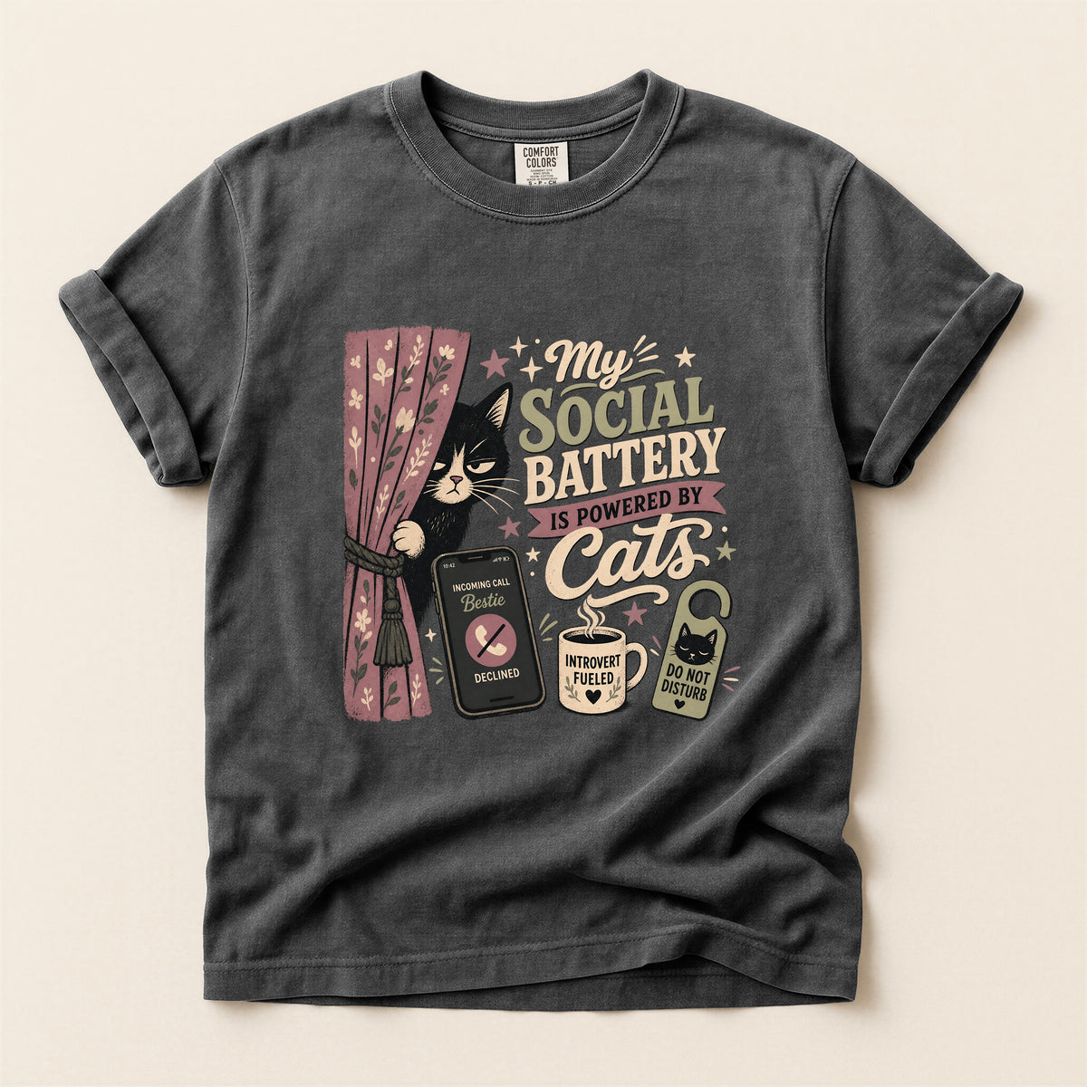 My Social Battery Is Powered By Cats graphic tee in Pepper, folded flat lay