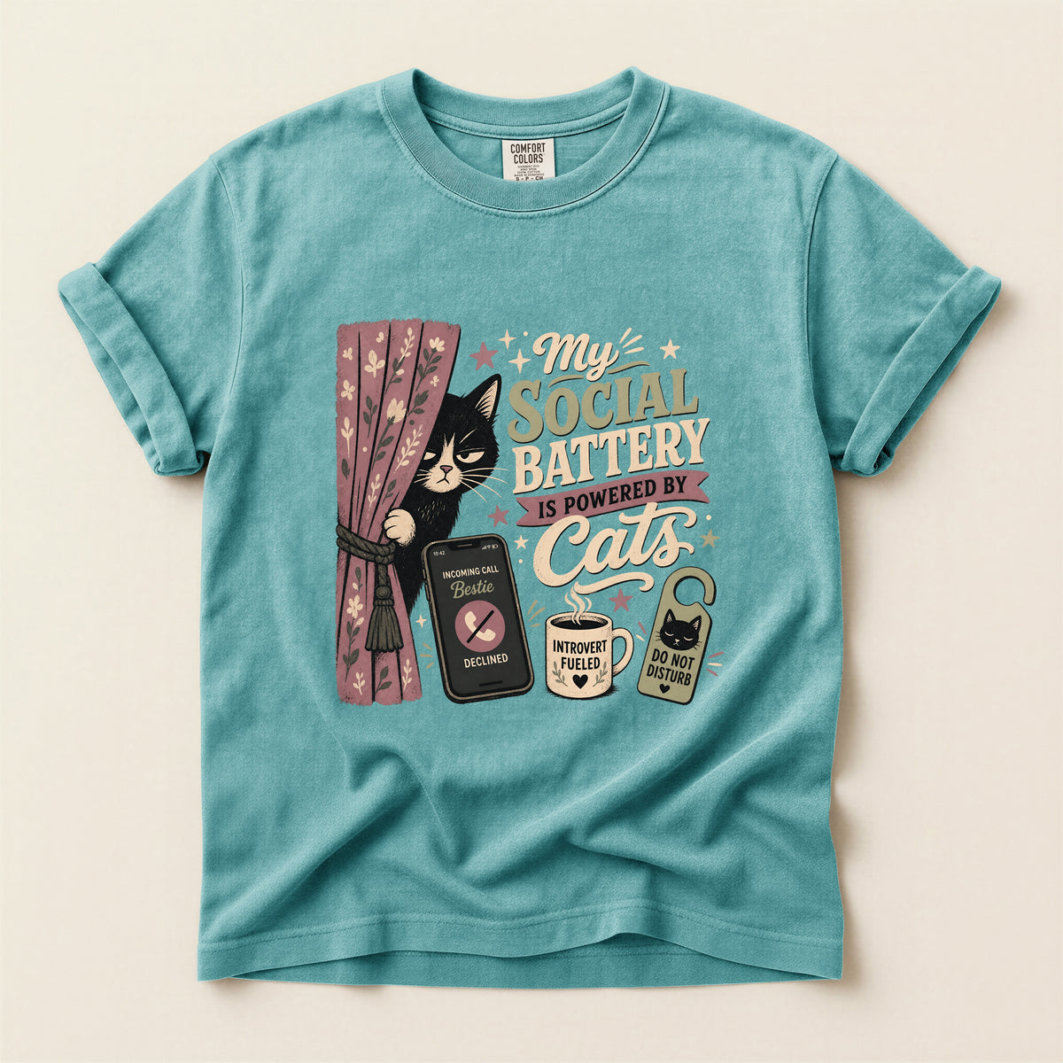 My Social Battery Is Powered By Cats graphic tee in Seafoam, folded flat lay