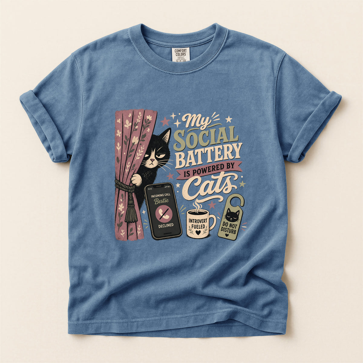 My Social Battery Is Powered By Cats graphic tee in Blue Jean, folded flat lay