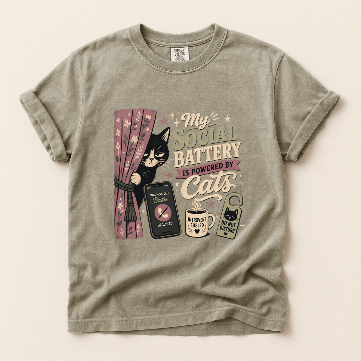 My Social Battery Is Powered By Cats graphic tee in Khaki, folded flat lay