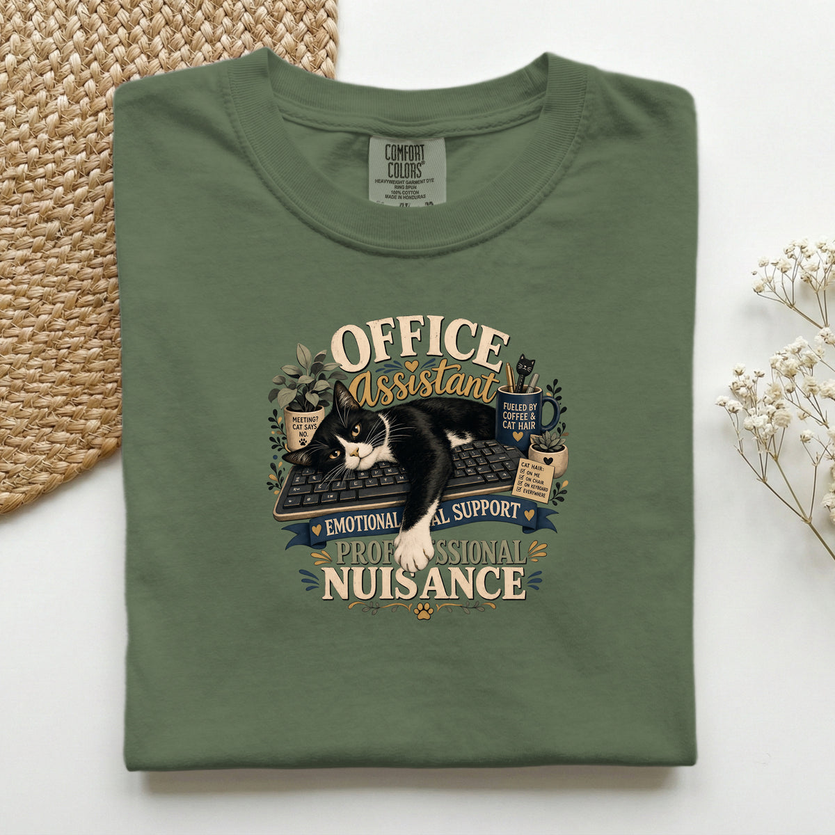 Office Assistant graphic tee in Hemp, folded flat lay