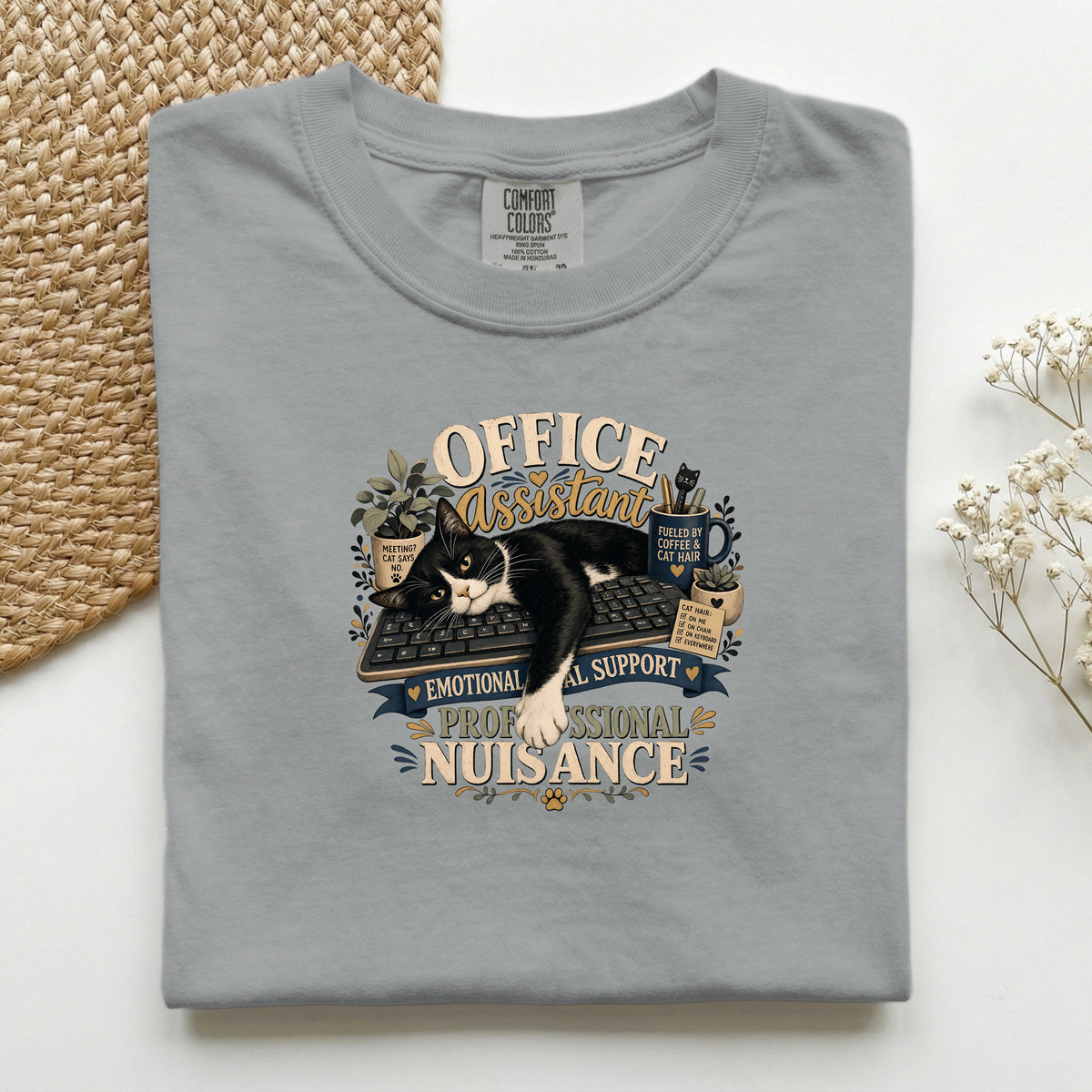Office Assistant graphic tee in Granite, folded flat lay
