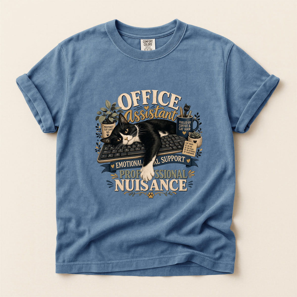 Office Assistant graphic tee in Blue Jean, folded flat lay