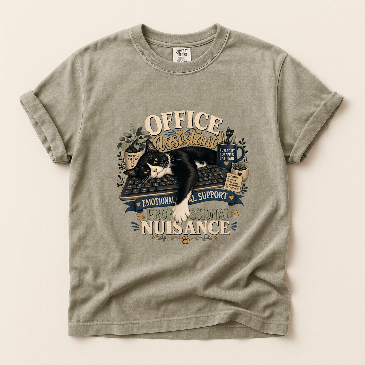 Office Assistant graphic tee in Khaki, folded flat lay