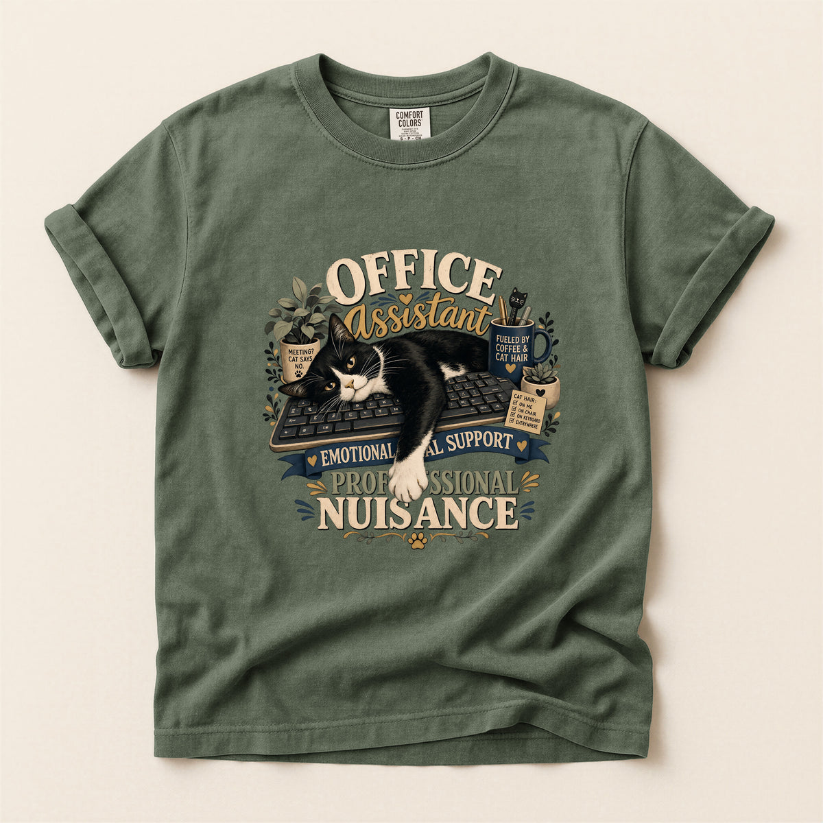 Office Assistant graphic tee in Moss, folded flat lay