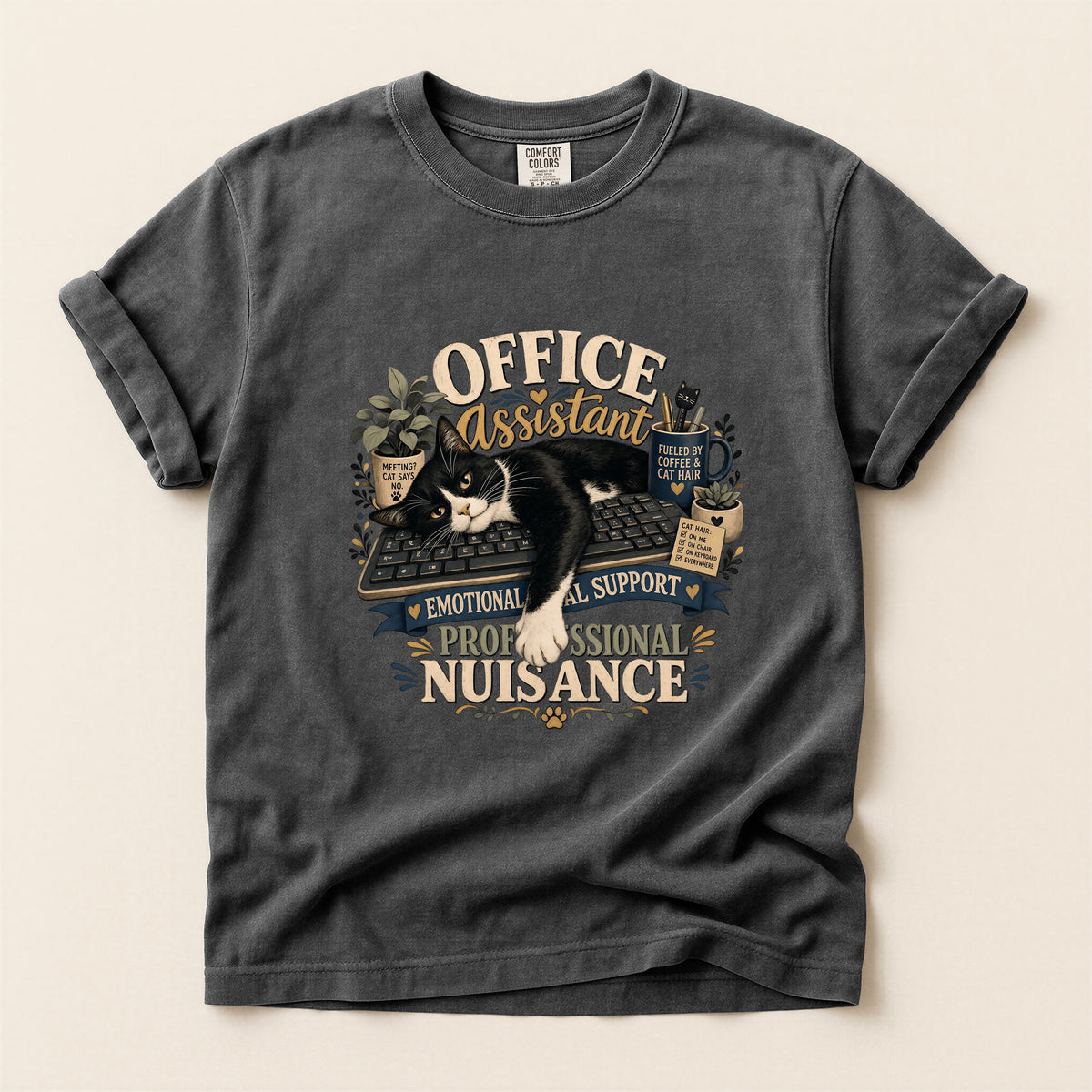 Office Assistant graphic tee in Pepper, folded flat lay
