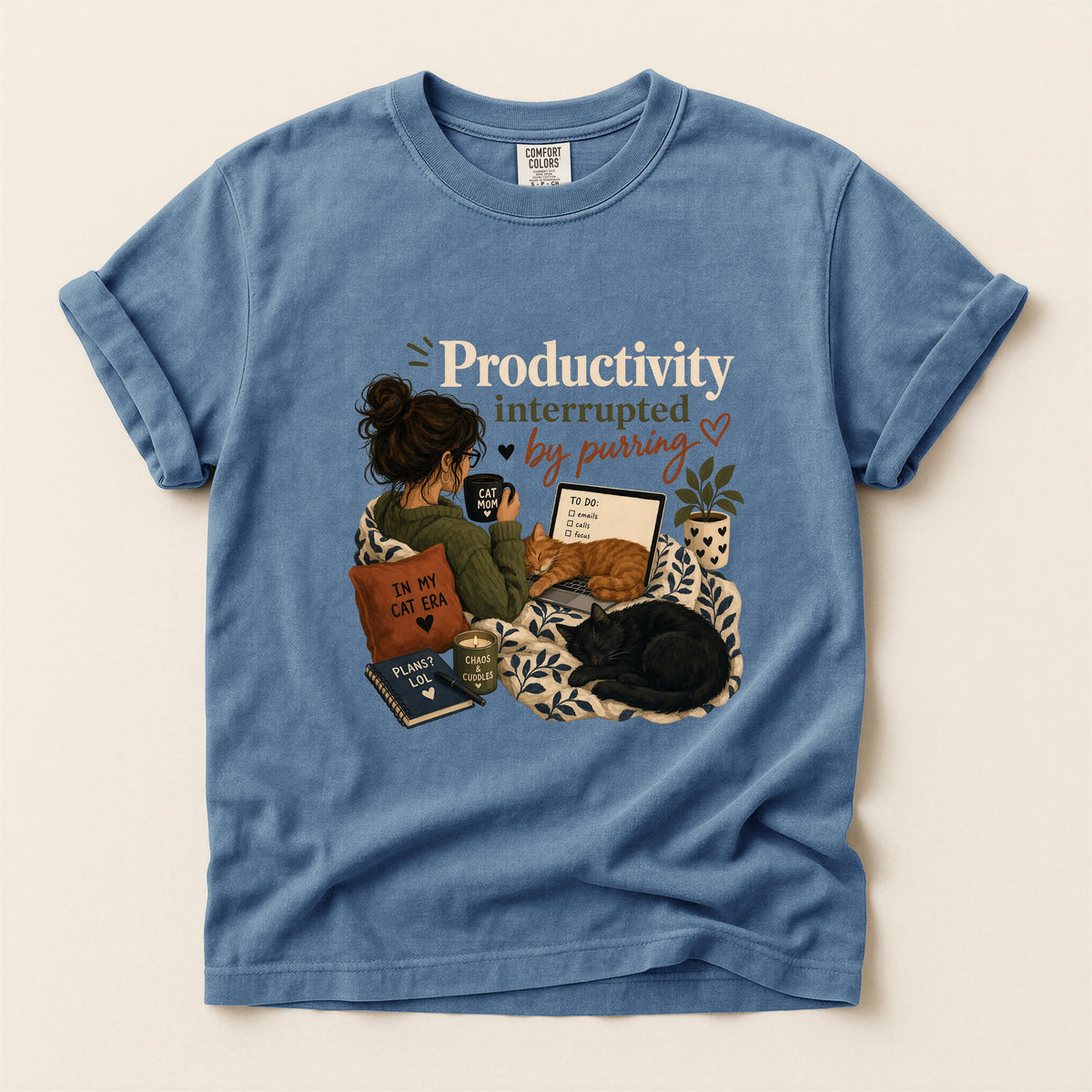 Productivity Interrupted graphic tee in Blue Jean, folded flat lay