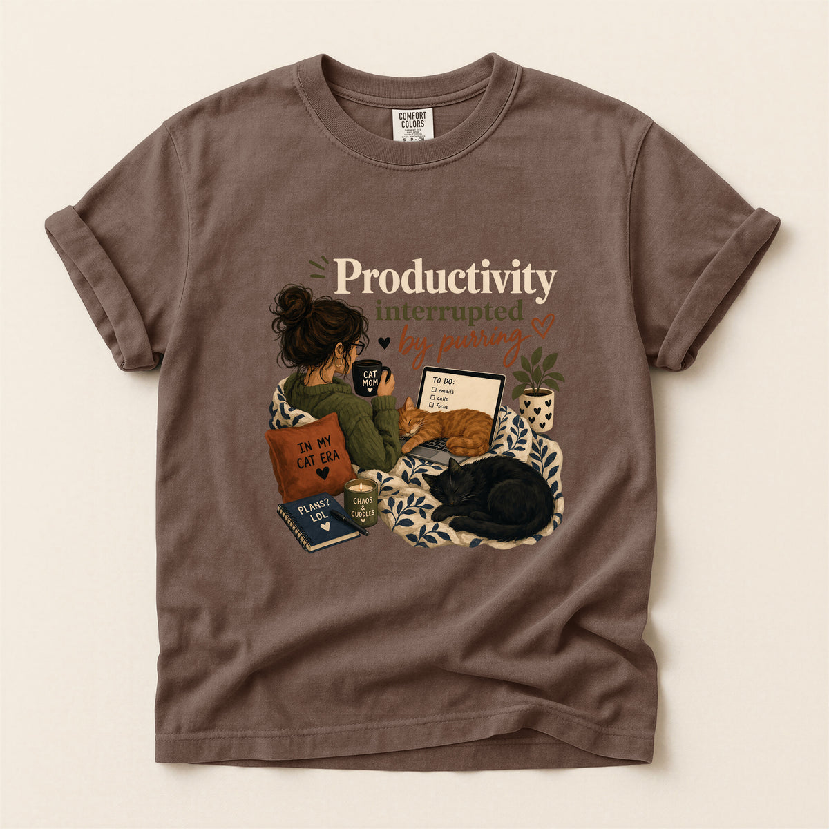 Productivity Interrupted graphic tee in Espresso, folded flat lay