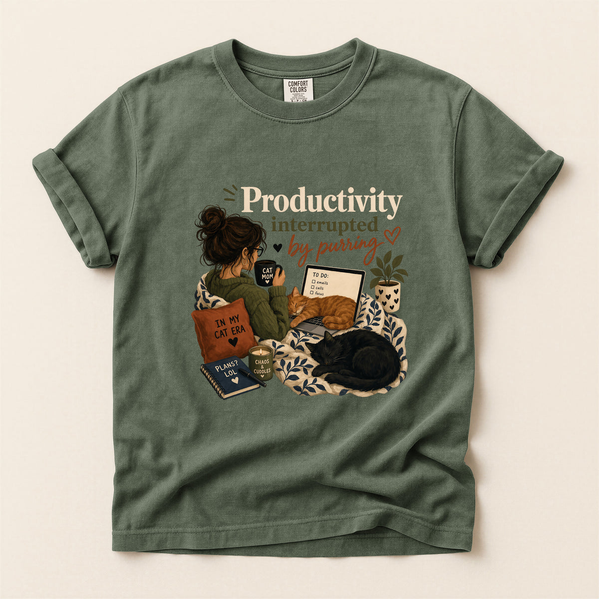 Productivity Interrupted graphic tee in Moss, folded flat lay