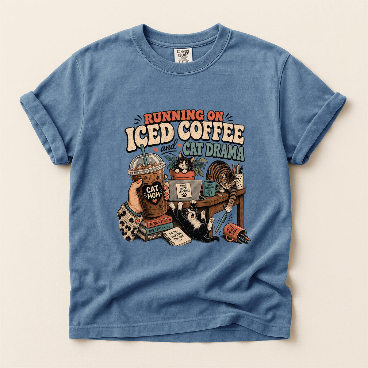 Running On Iced Coffee & Cat Drama graphic tee in Blue Jean, folded flat lay