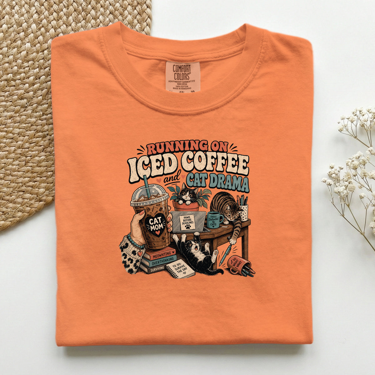 Running On Iced Coffee & Cat Drama graphic tee in Burnt Orange, folded flat lay
