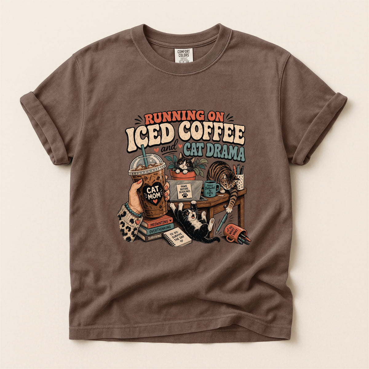 Running On Iced Coffee & Cat Drama graphic tee in Espresso, folded flat lay