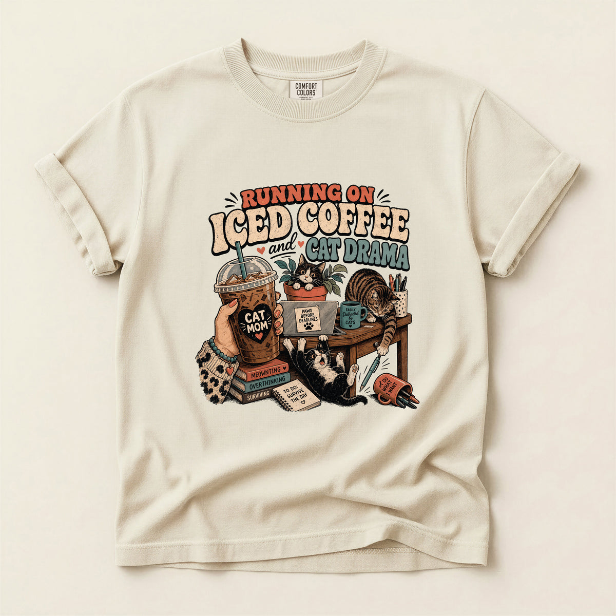 Running On Iced Coffee & Cat Drama graphic tee in Ivory, folded flat lay