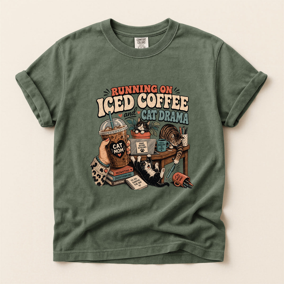 Running On Iced Coffee & Cat Drama graphic tee in Moss, folded flat lay