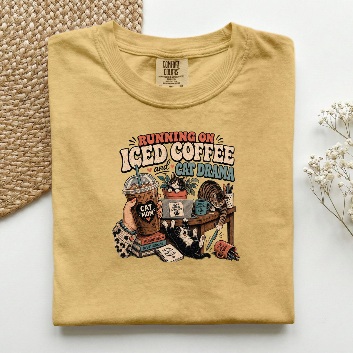 Running On Iced Coffee & Cat Drama graphic tee in Mustard, folded flat lay
