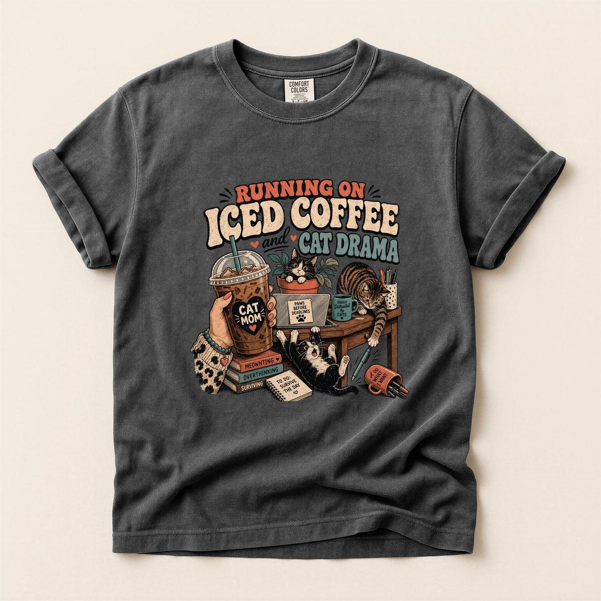 Running On Iced Coffee & Cat Drama graphic tee in Pepper, folded flat lay