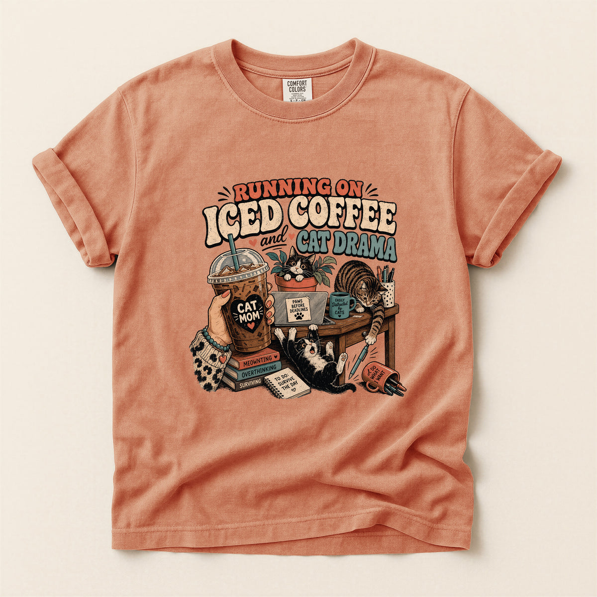 Running On Iced Coffee & Cat Drama graphic tee in Terracotta, folded flat lay