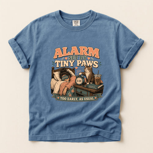 Alarm Set By Tiny Paws – Blue Jean Comfort Colors tee
