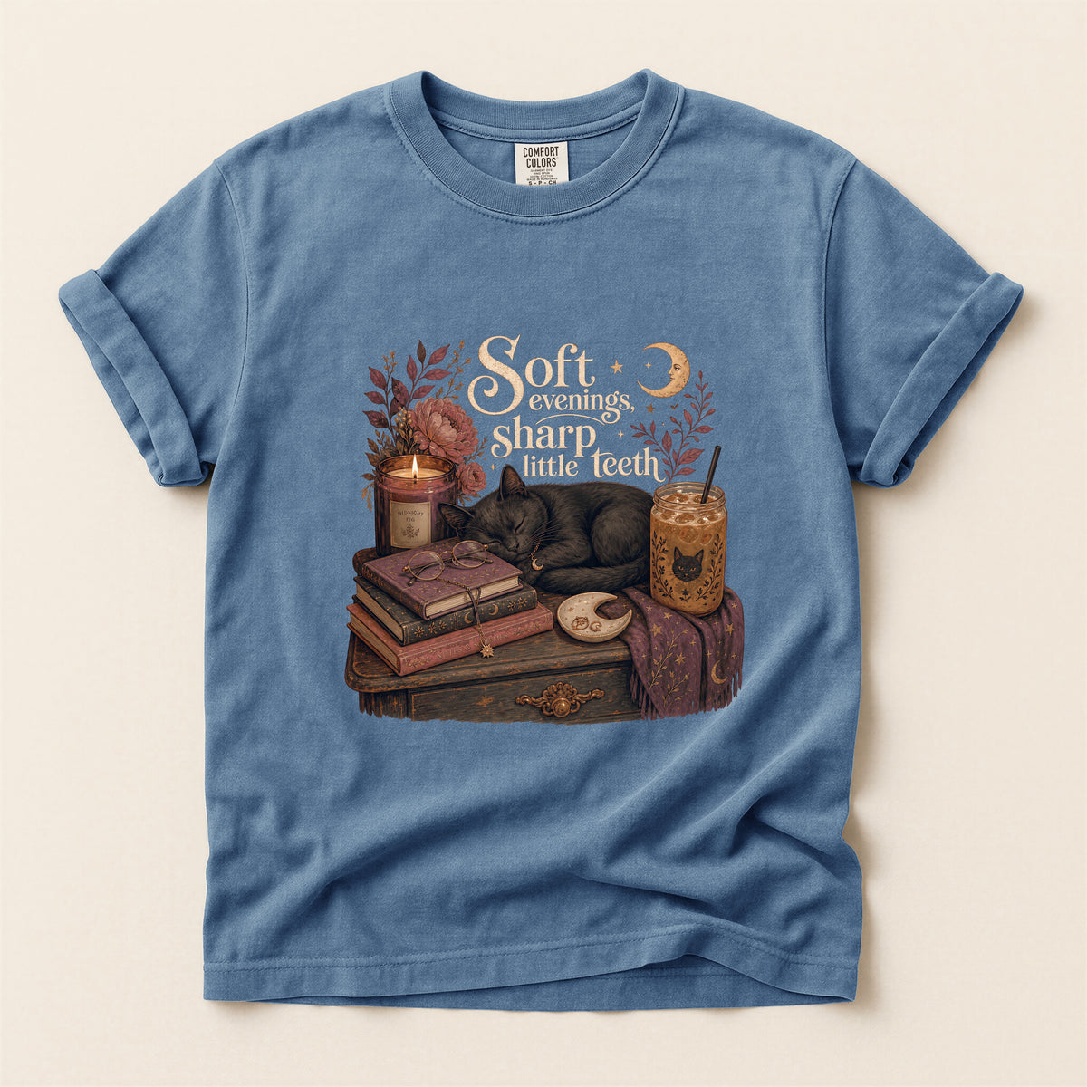 Soft Evenings Sharp Little Teeth – Blue Jean Comfort Colors tee