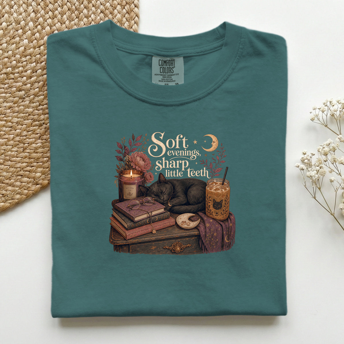 Soft Evenings Sharp Little Teeth – Blue Spruce Comfort Colors tee