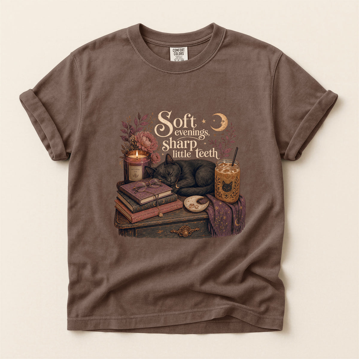 Soft Evenings Sharp Little Teeth – Espresso Comfort Colors tee