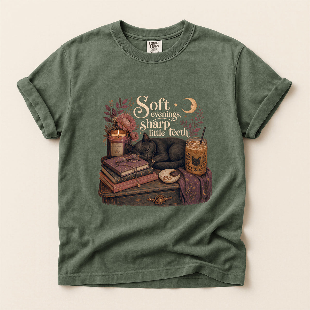 Soft Evenings Sharp Little Teeth – Moss Comfort Colors tee