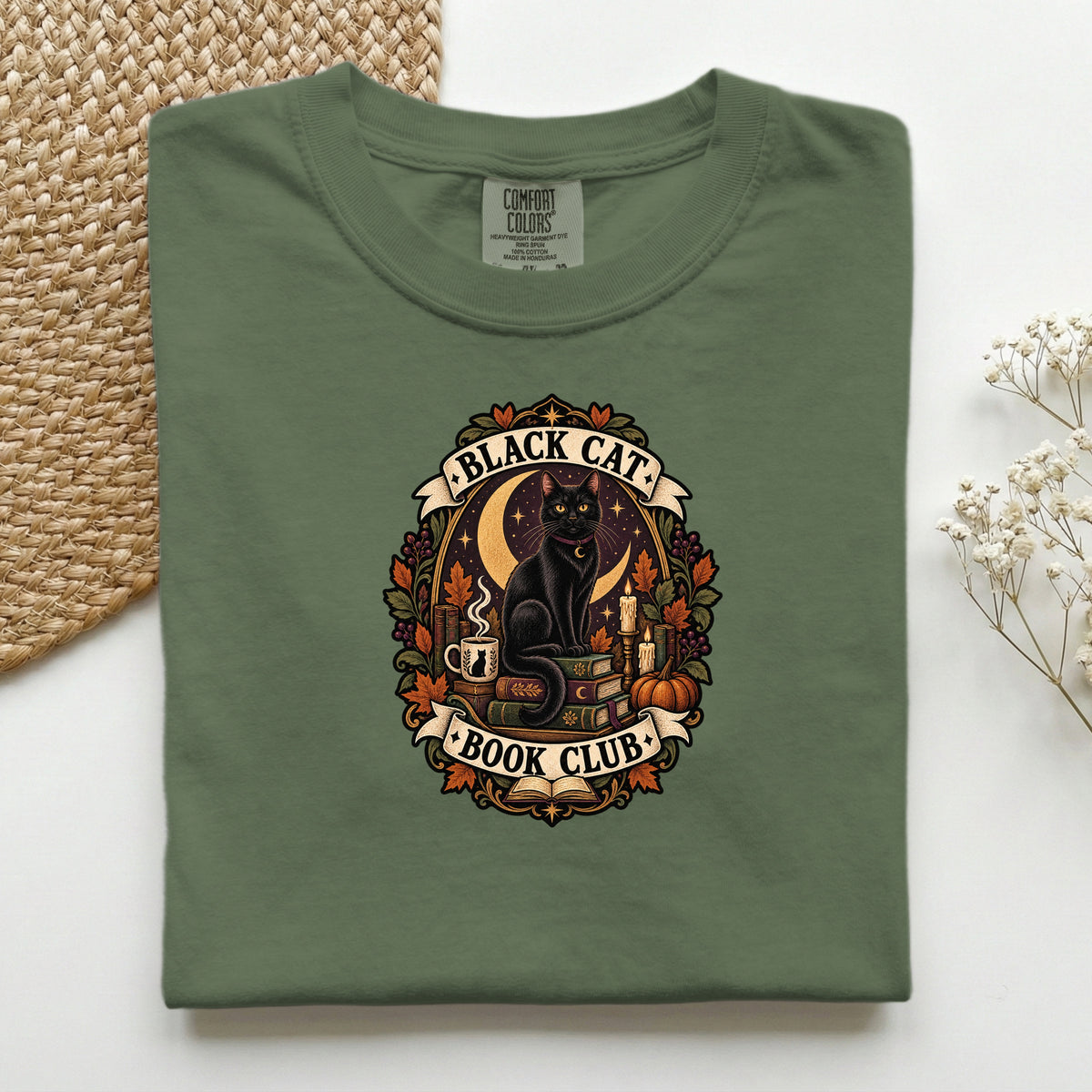 Black Cat Book Club graphic tee in Hemp, folded flat lay