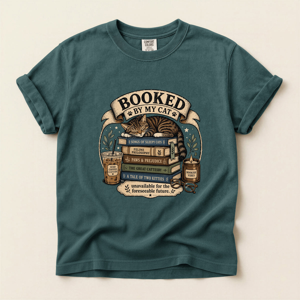 Booked By My Cat graphic tee in Blue Spruce, flat lay