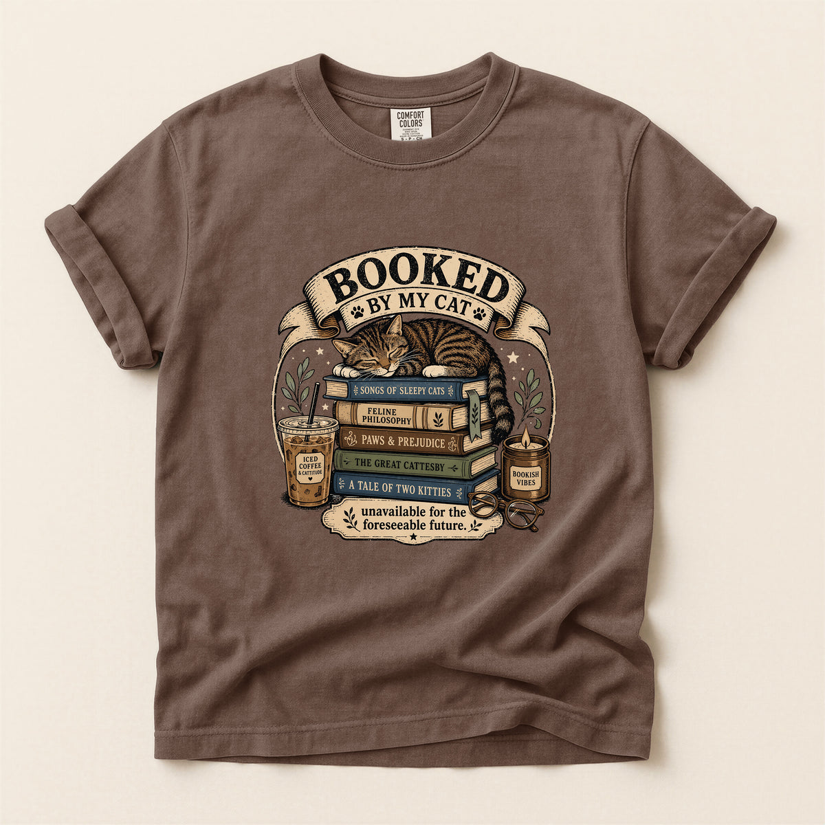 Booked By My Cat graphic tee in Espresso, flat lay