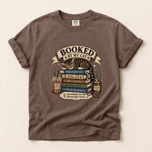 Booked By My Cat graphic tee in Espresso, flat lay