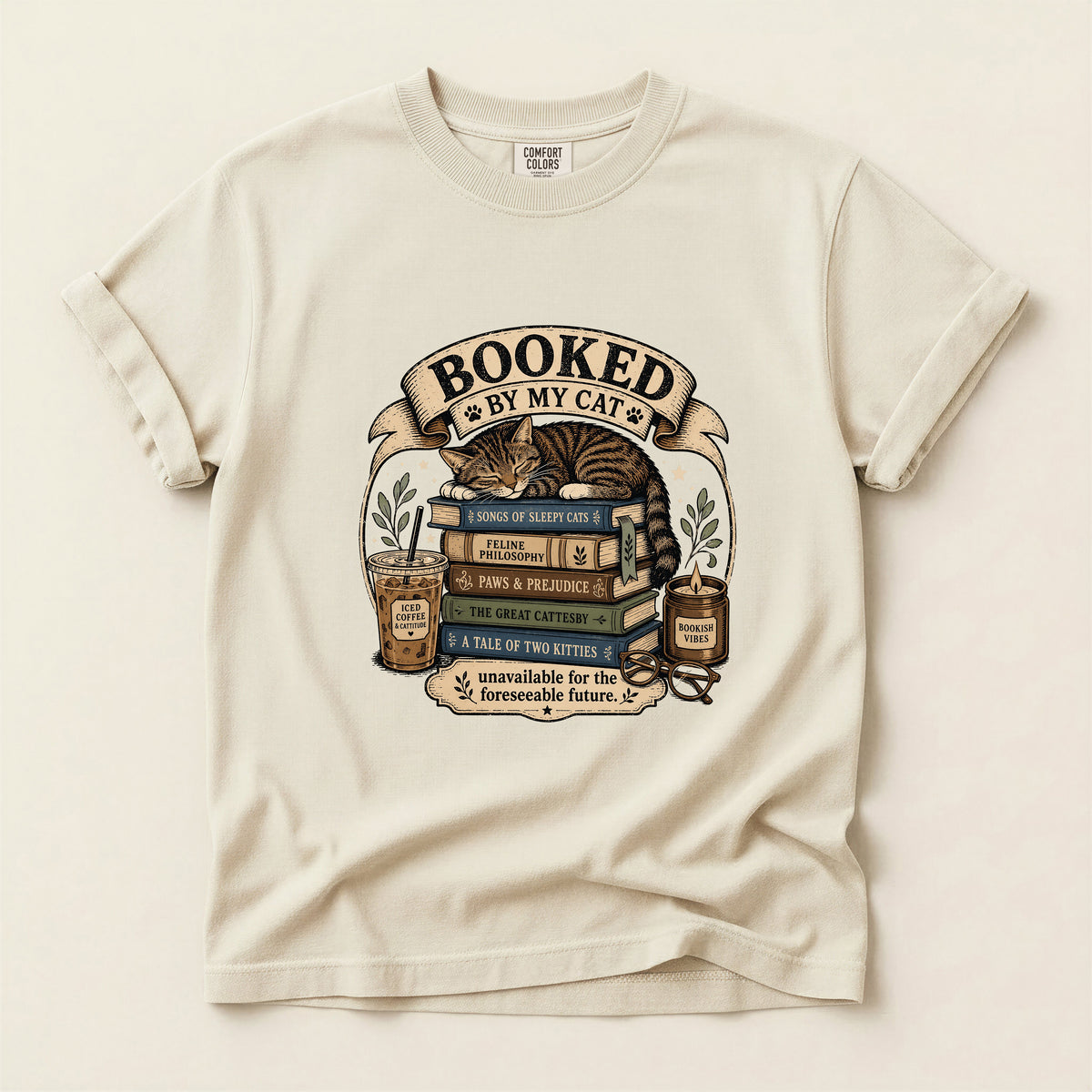 Booked By My Cat graphic tee in Ivory, flat lay