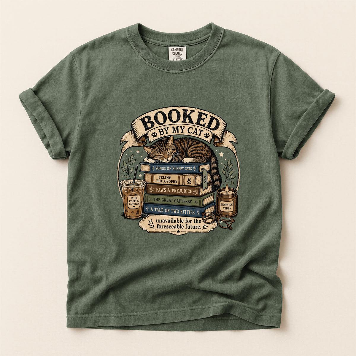 Booked By My Cat graphic tee in Moss, flat lay