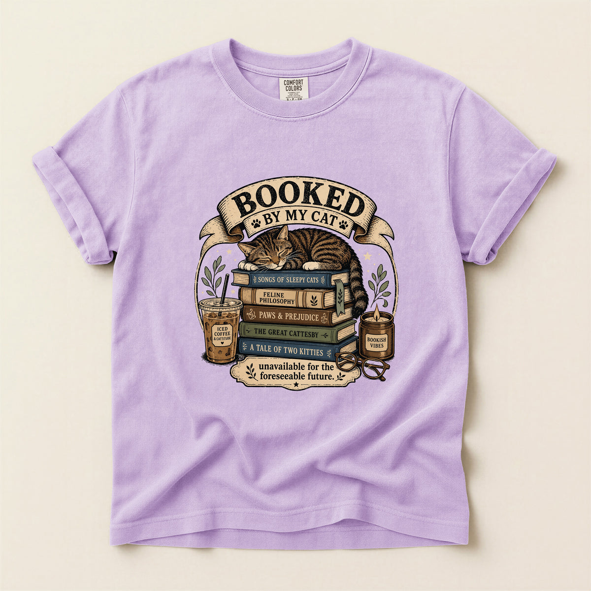Booked By My Cat graphic tee in Orchid, flat lay