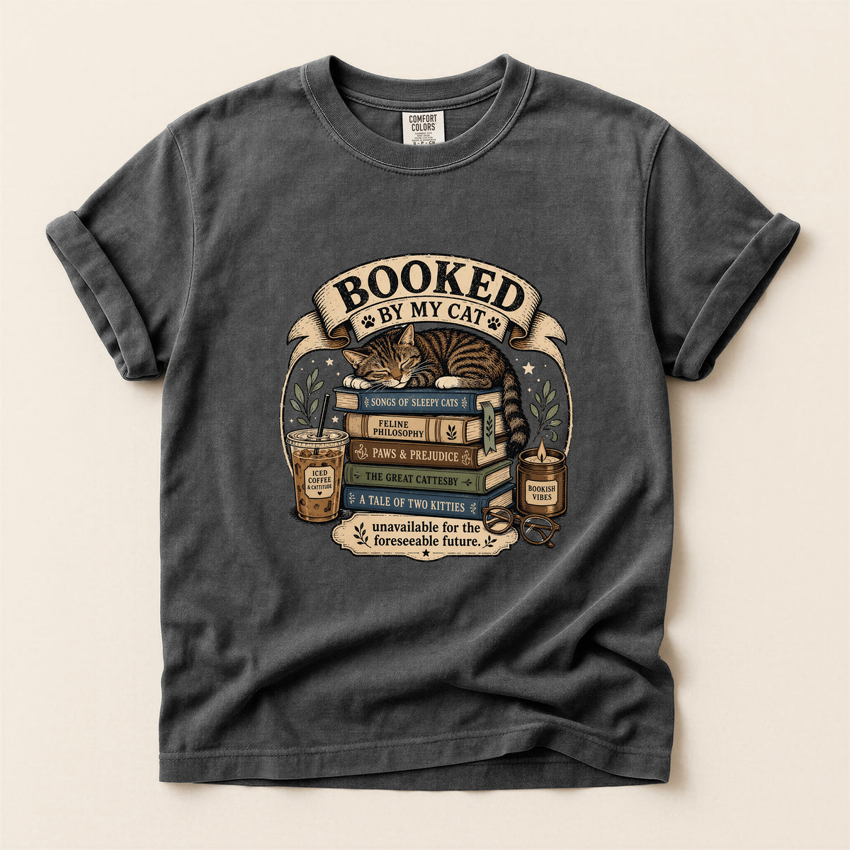 Booked By My Cat graphic tee in Pepper, flat lay