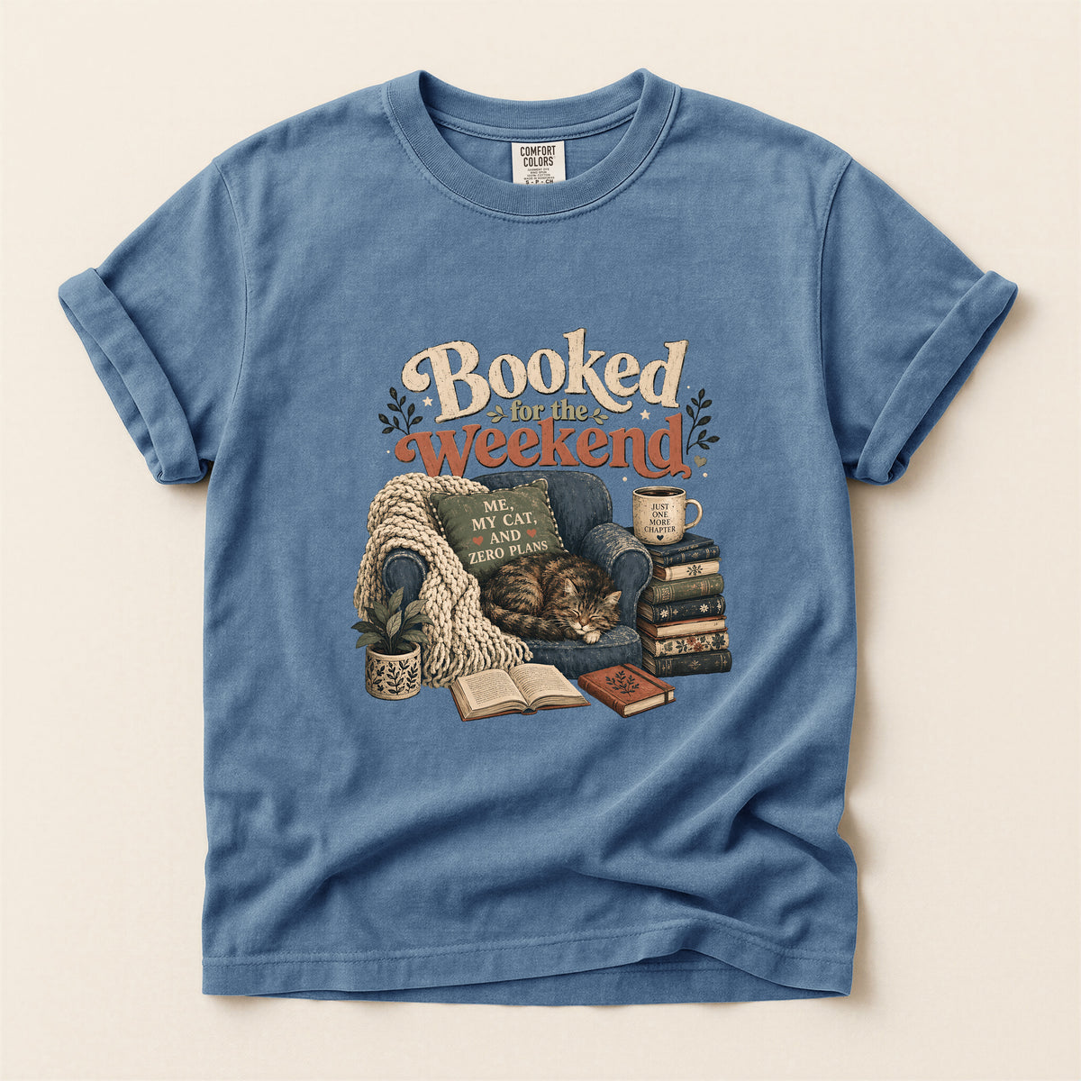 Booked for the Weekend graphic tee in Blue Jean, folded flat lay