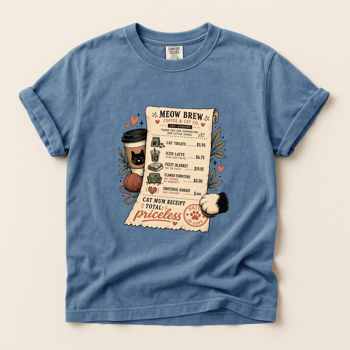 Meow Brew Receipt graphic tee in Blue Jean, folded flat lay