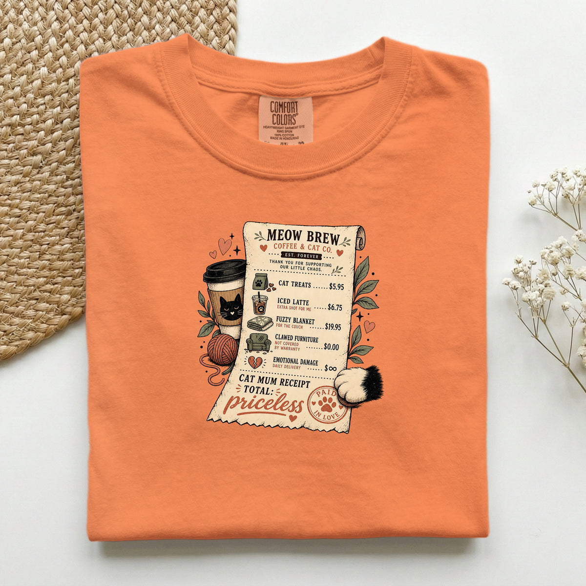 Meow Brew Receipt graphic tee in Burnt Orange, folded flat lay