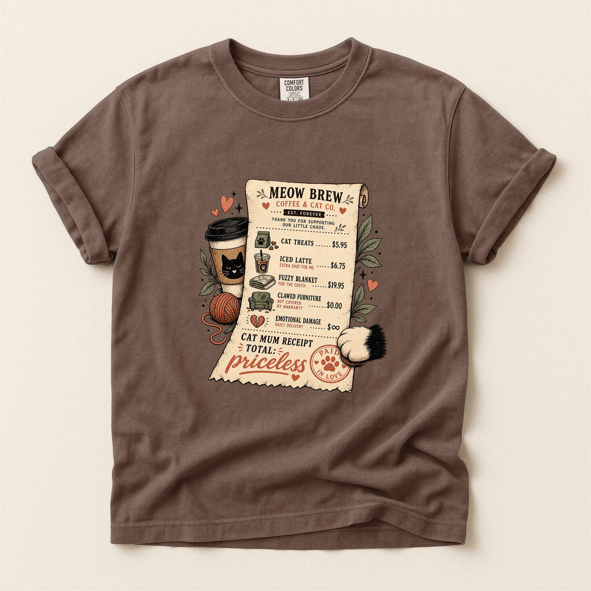 Meow Brew Receipt graphic tee in Espresso, folded flat lay