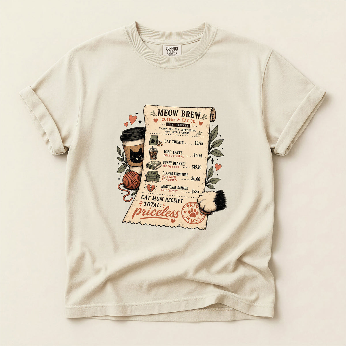 Meow Brew Receipt graphic tee in Ivory, folded flat lay