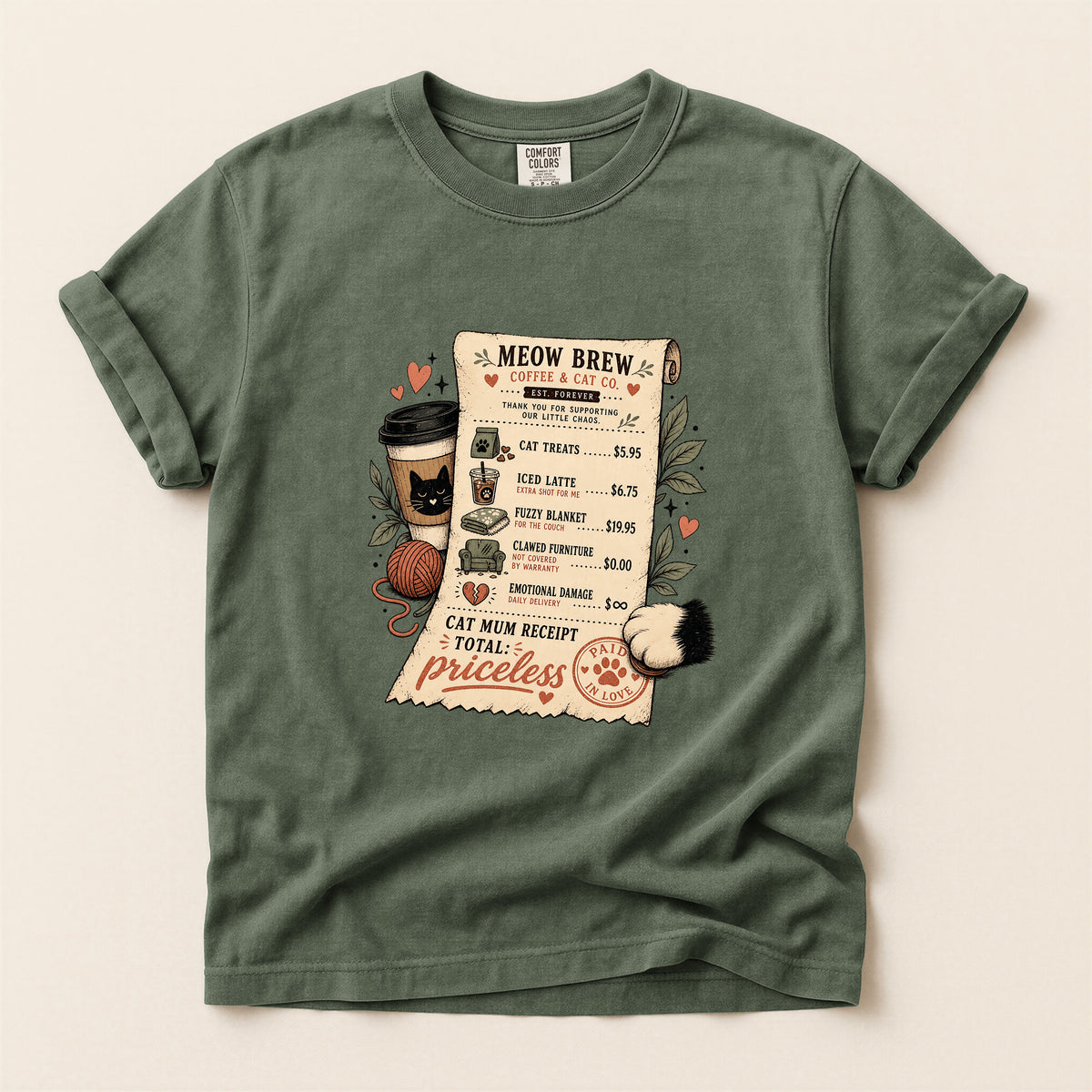 Meow Brew Receipt graphic tee in Moss, folded flat lay