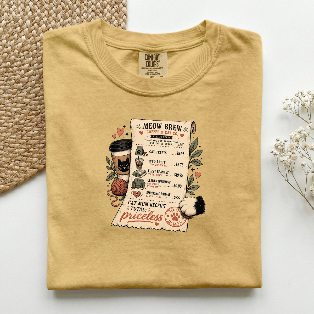 Meow Brew Receipt graphic tee in Mustard, folded flat lay
